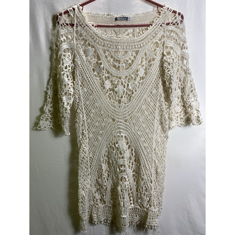 Boho Open Knit Lace Earthbound Womens Dress Cotton L White Cream Cover Up Summer